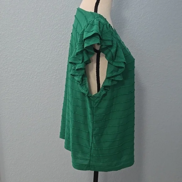ANTHROPOLOGIE Double Ruffle Emerald Short Sleeve Blouse Top Rounded Neck Sz XL - Picture 6 of 11